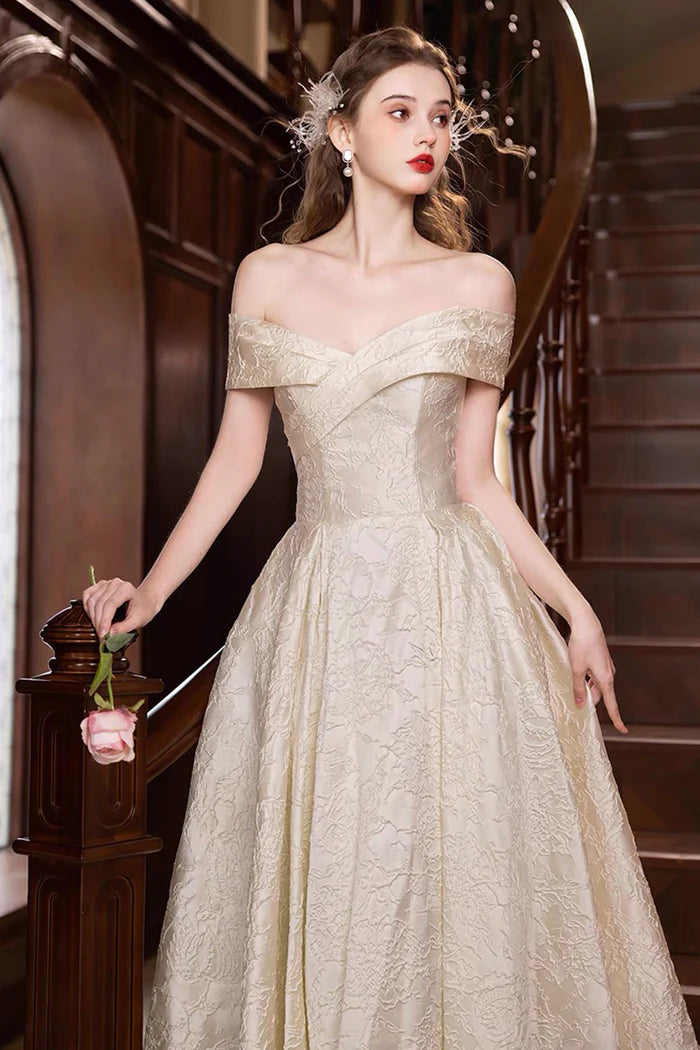 Champagne Print Satin Long Prom Dress, A-Line Off the Shoulder Party Dress
